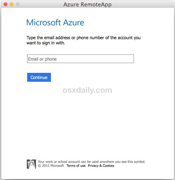 Используя Internet Explorer 11 на Mac с RemoteDesktop в OS X, войдите в систему с Azure
