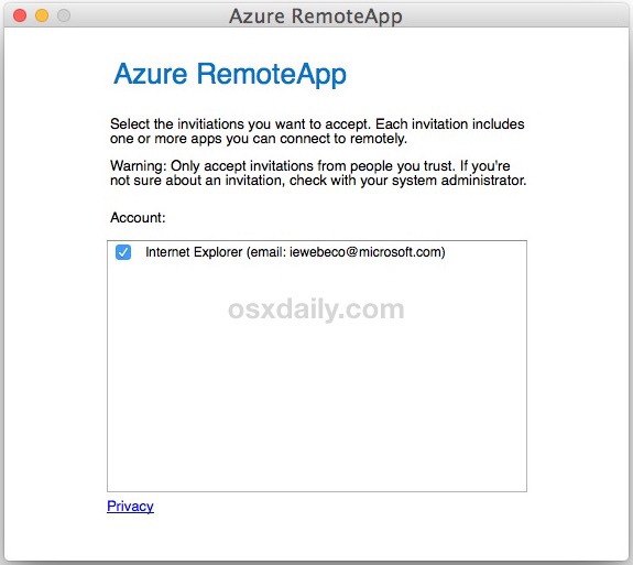 Использование IE 11 на Mac с помощью RemoteApp Azure