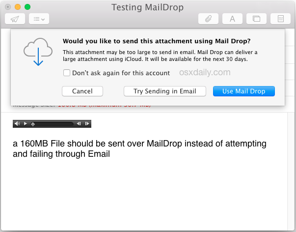 Используйте Mail Drop для отправки большого файла по электронной почте в Mac OS X