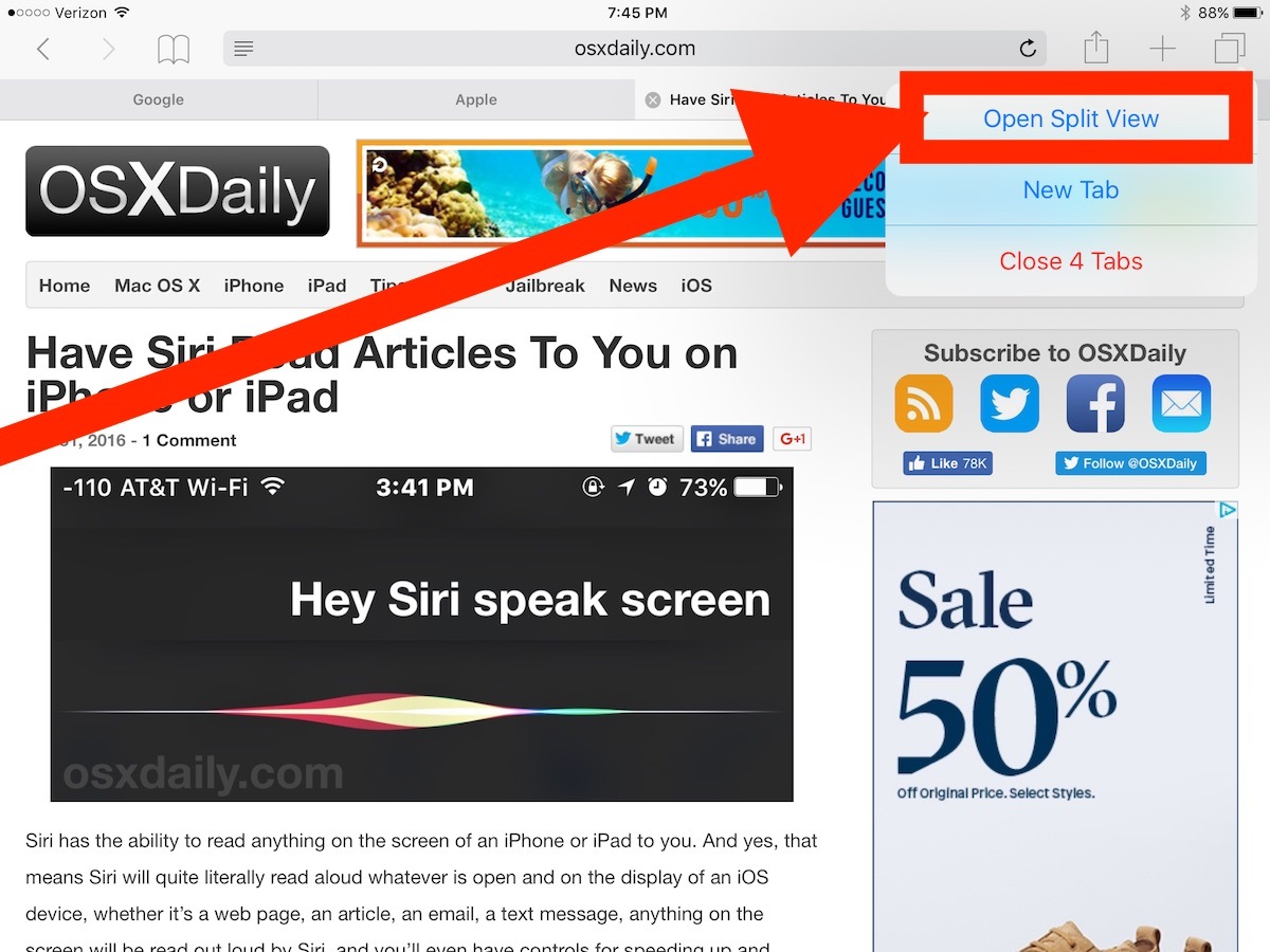 Открыть iPad Split View в Safari