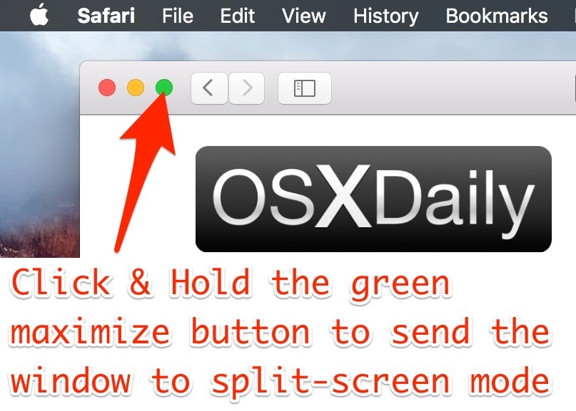 Введите Split View с помощью зеленой кнопки на Mac