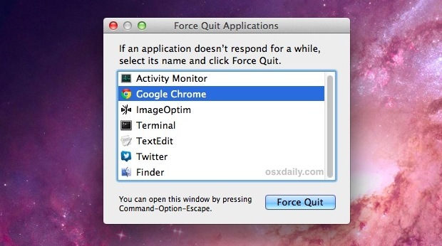 Показывать запущенные приложения с меню принудительного закрытия в Mac OS X