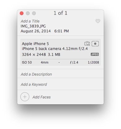 Детали данных данных EXIF ​​в фотографиях для Mac OS X