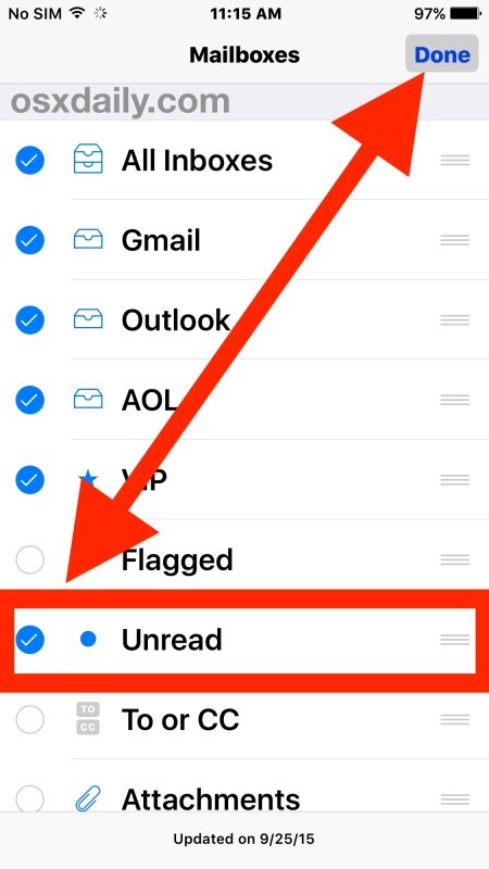 Включить ящик непрочитанного сообщения в Mail для iOS