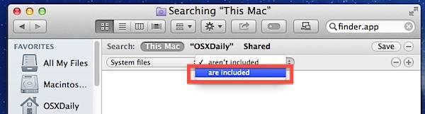 Включить системные файлы в поисках Mac OS X