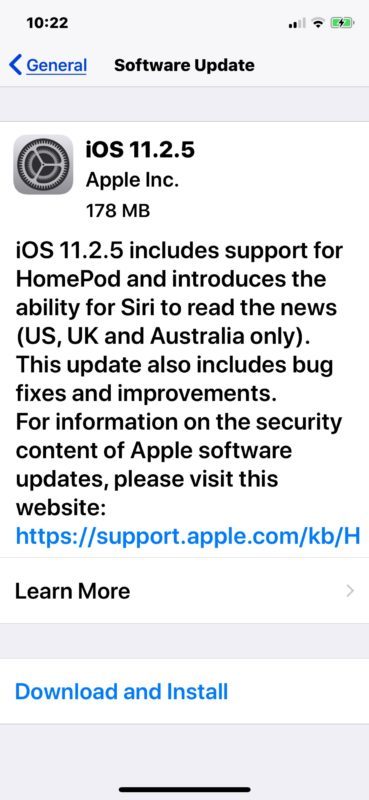 Загрузка обновления для iOS 11.2.5