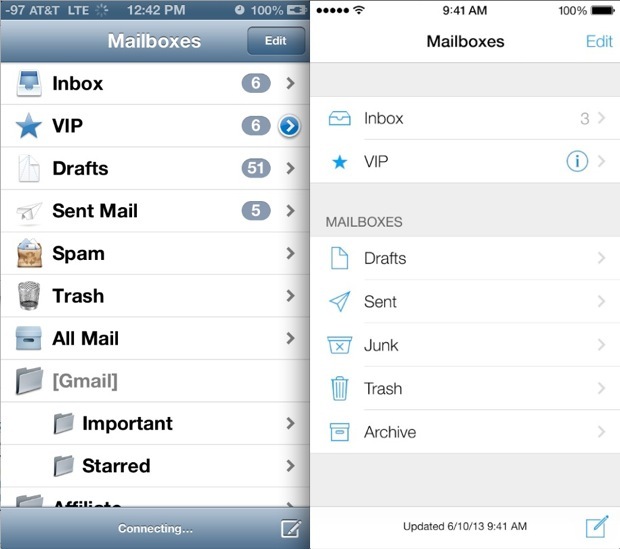 Почта в iOS 6 vs iOS 7
