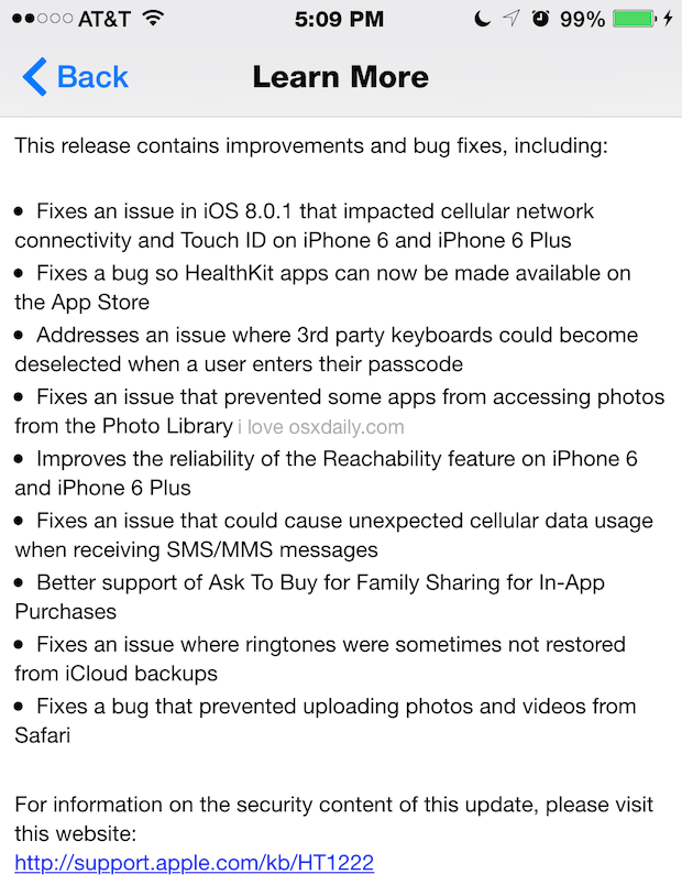 Примечания к выпуску iOS 8.0.2