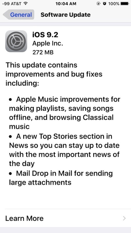 Загрузка и установка iOS 9.2 через OTA на iPhone