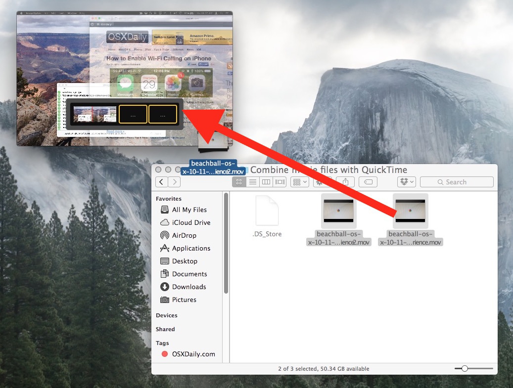 Перетащите, чтобы объединить файлы фильмов в Mac OS X с помощью QuickTime