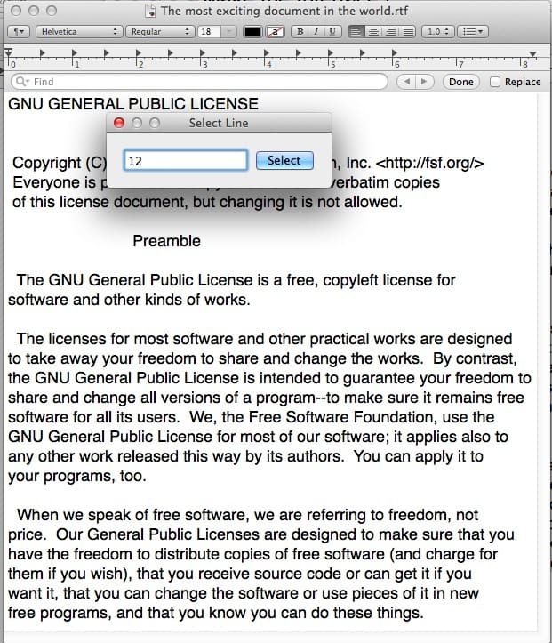 Выберите номер строки в документах TextEdit для Mac OS X