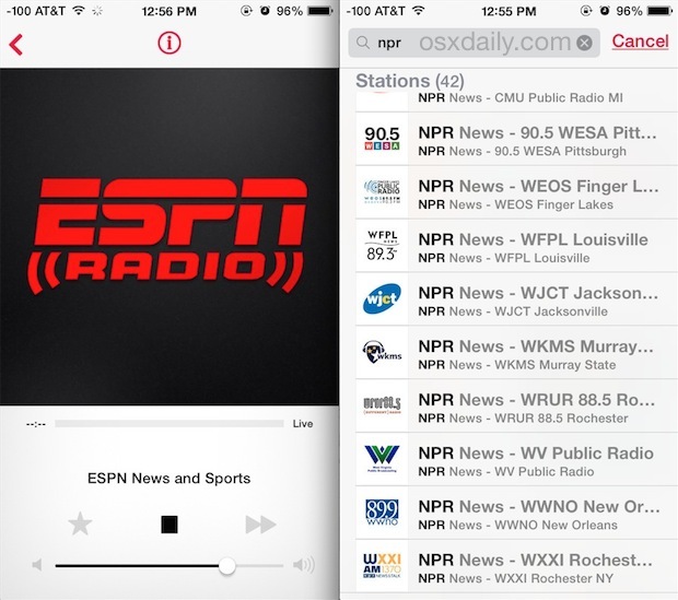Радио ESPN и радио NPR в iTunes на iPhone
