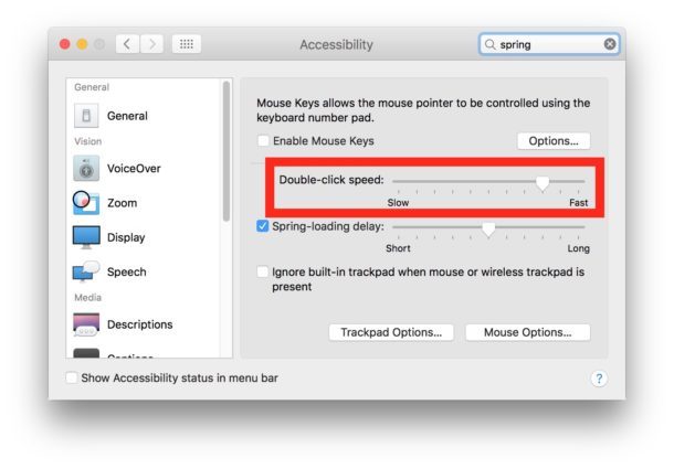 Настройка скорости кликов для двойного щелчка на настройках Mac OS