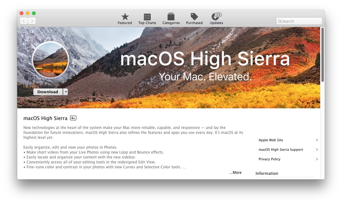 Загрузка MacOS High Sierra в App Store