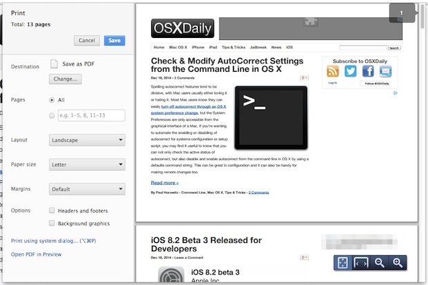Специальное окно печати Chrome в Mac OS X