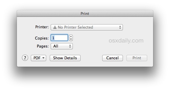 Окно печати по умолчанию в Mac OS X