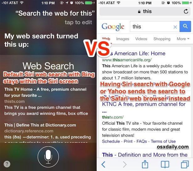 Поиск в Интернете с Siri против запроса Siri на поиск в Google или Yahoo