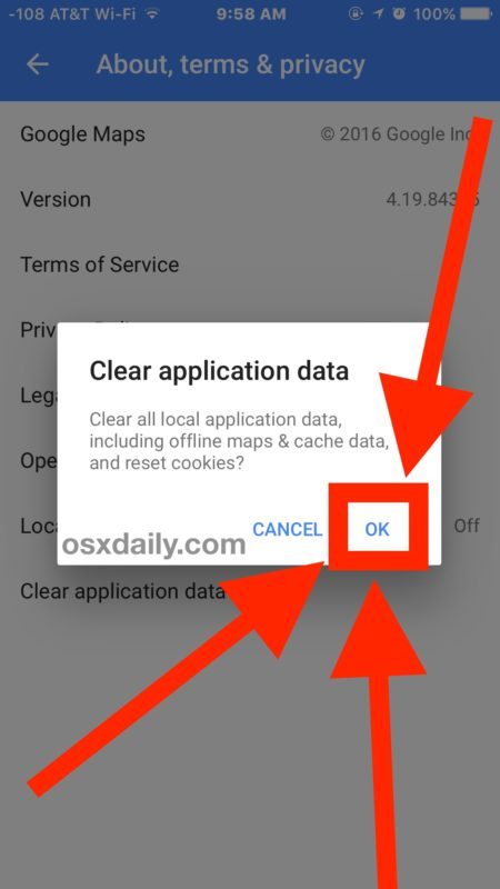 Подтвердить удаление кеша приложений и приложений Google Maps