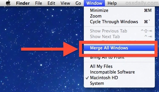Объединение всех окон приводит все окна в вкладки Finder в OS X