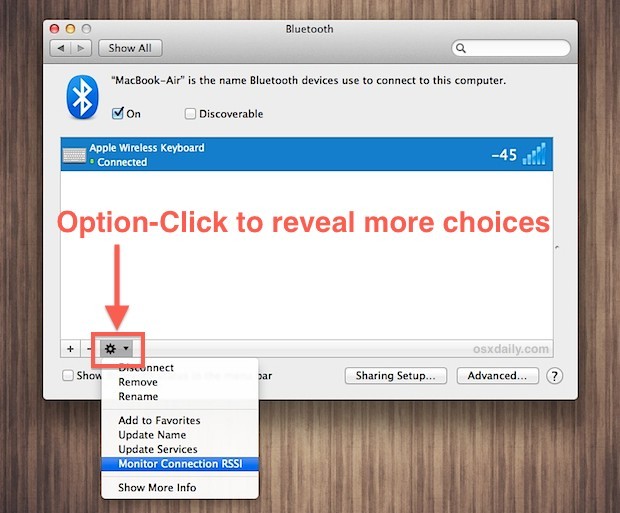 Показать опцию монитора подключения Bluetooth в OS X