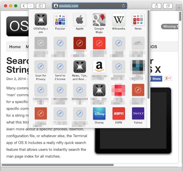 Значки панели Safari в OS X