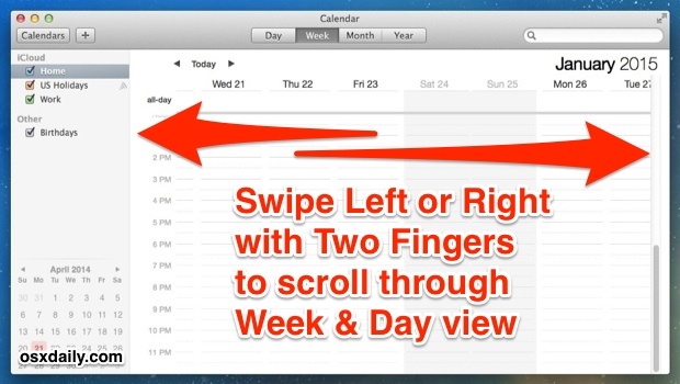 Быстрая навигация в режиме недели и дня в приложении «Календарь» для Mac OS X