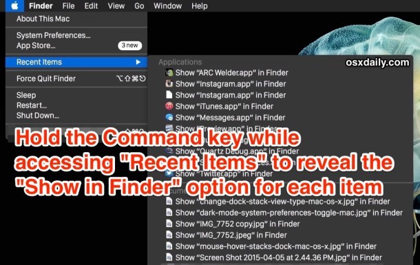 Hold Command Key при выборе пункта меню «Последние элементы», чтобы перейти к нему в Finder OS X