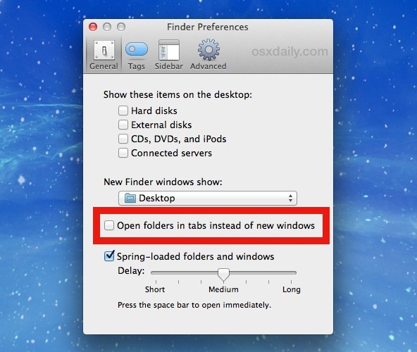 Откройте папки в окнах, а не вкладки в Mac OS X