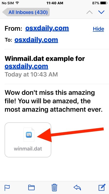Получение файлов вложений winmail.dat в iOS Mail и чтение их