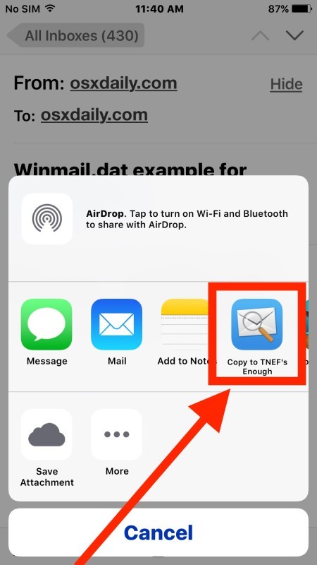 Открытие файла вложения в Winmail.dat в Mail for iOS