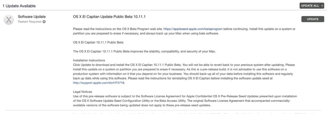 OS X 10.11.1 Публичная бета-версия 1 в App Store