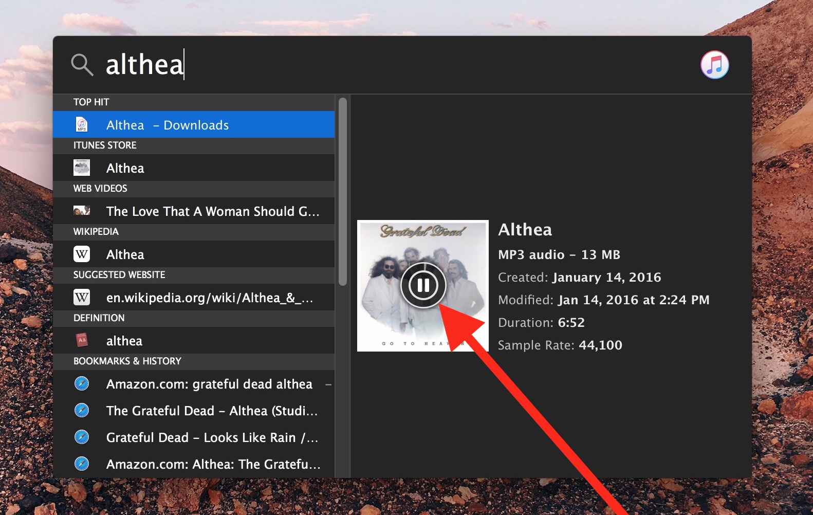 Воспроизведение и приостановка музыки непосредственно из поиска Spotlight в Mac OS X