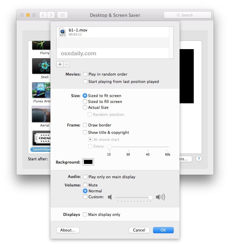 SaveHollywood видео в качестве экранной заставки в Mac OS X
