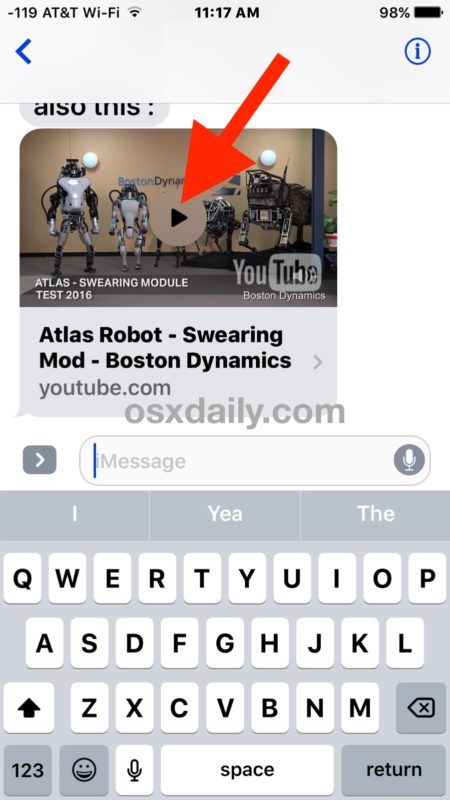 Воспроизведение видео встроенного сообщения в iOS