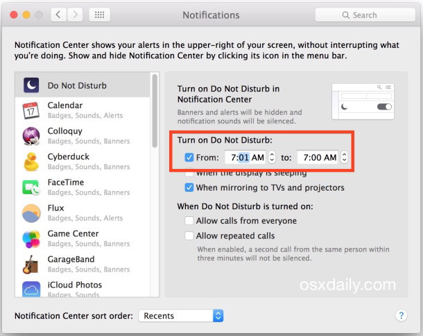 Отключить все оповещения в Центре уведомлений с постоянным режимом «Не беспокоить» в Mac OS X