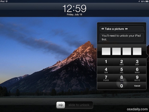 Сделайте снимок с экрана блокировки на iPad