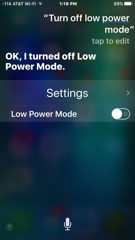 Выключение режима низкого энергопотребления с помощью Siri