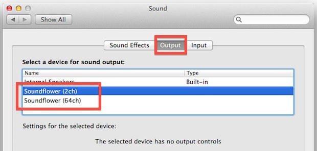 Аудиовыход в Soundflower позволяет записывать системный звук в Mac OS X