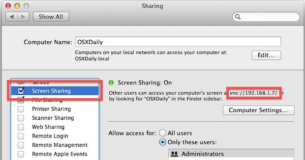 Включить общий доступ к экрану в Mac OS X