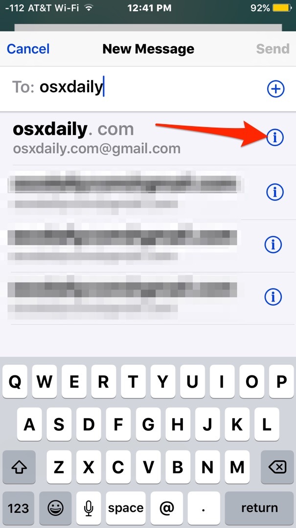 Нажмите кнопку i рядом с адресом электронной почты, который вы хотите удалить из предлагаемого списка в Mail for iOS.