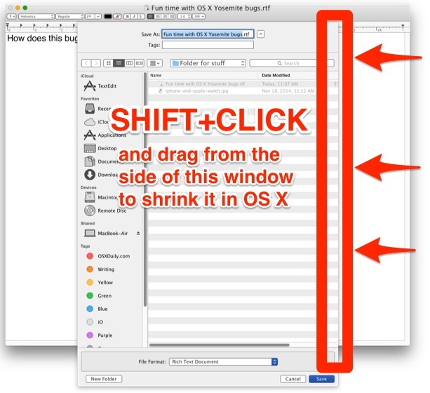 Измените размер диалогового окна «Открыть и сохранить» в OS X с помощью Shift Click and Drag