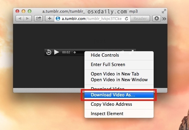 Загрузка видео как опция в Safari будет сохранять аудио или видео файлы в их необработанном формате