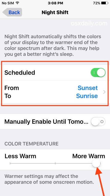 Установите Night Shift, чтобы запланировать от Sunset to Sunrise в iOS