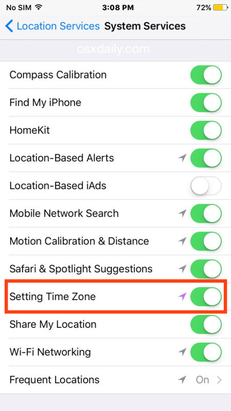 Планирование ночного сдвига требует, чтобы настройки часовых поясов были включены в iOS