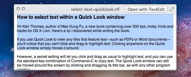 Выберите текст в QuickLook Windows