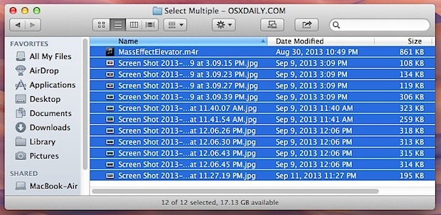 Выберите все файлы в окне Mac OS X