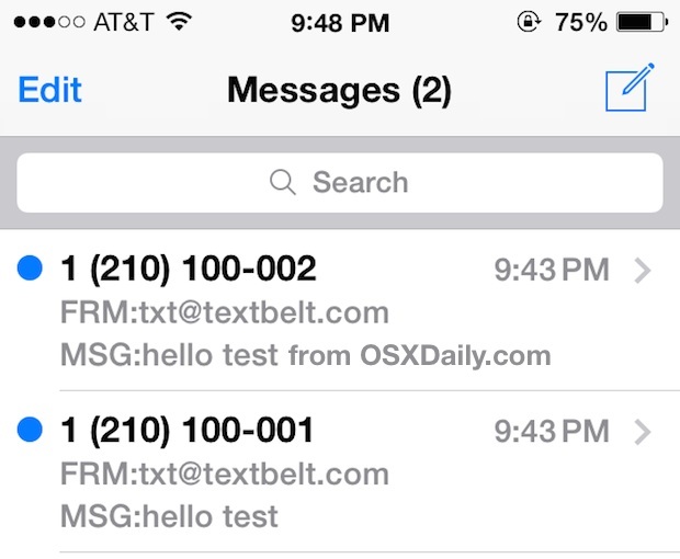 Текст SMS на iPhone, отправленный из службы командной строки TextBelt