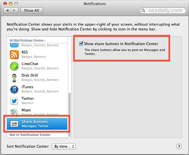 Включить сообщения в центре уведомлений OS X