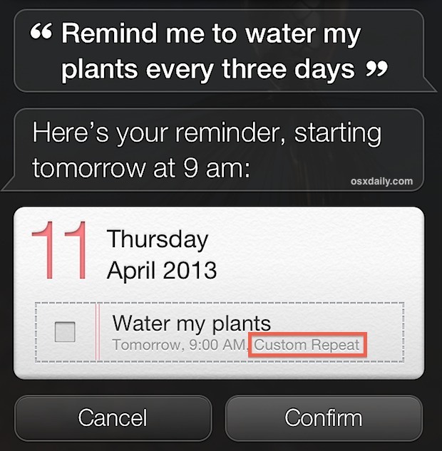 Повторить интервальные напоминания, добавленные через Siri в iOS