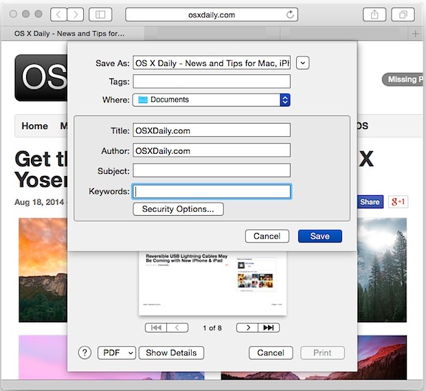 Сохранение в формате PDF из нажатия клавиши в Mac OS X